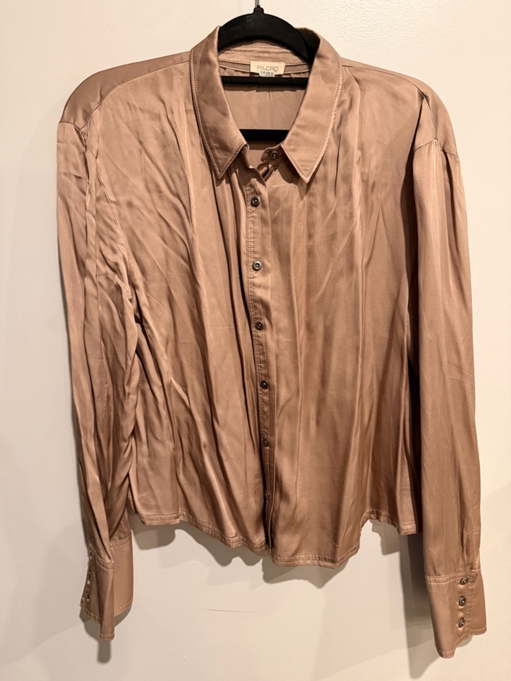 Pilcro Anthropologie Taupe Button Down Blouse Size L Silky Long Sleeve Shirt